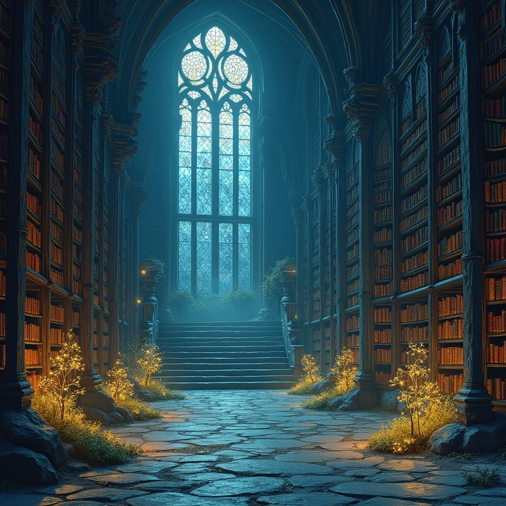 Infinite Ancient Library Bathed in Moonlight