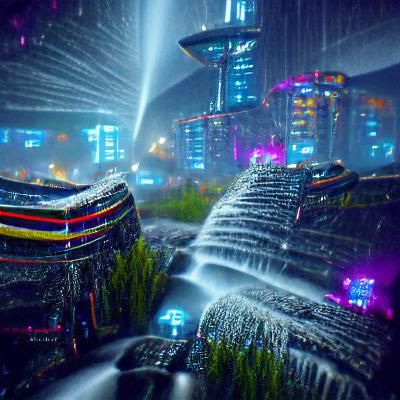 Futuristic Cityscape Beside Waterfall at Rainy Night