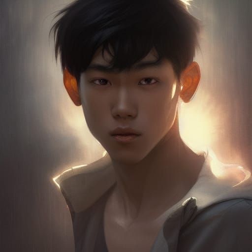 Asian Teen Immersed in Darkness: Digital Art Portrait