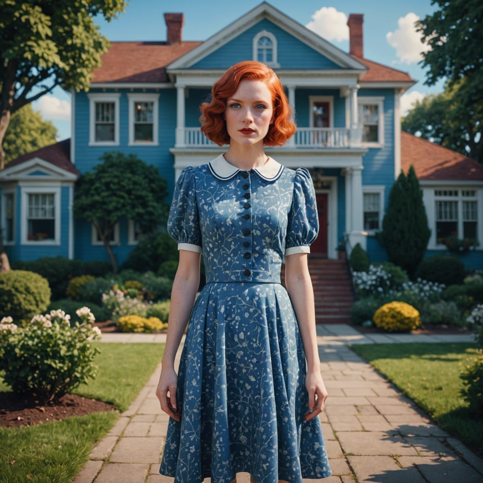 1930s Woman With Red Hair in Front Yard