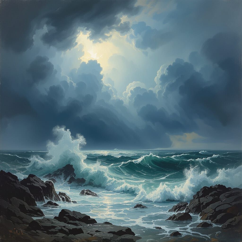 Dramatic Stormy Sea with Jagged Rocks in Moody Oil Painting ...