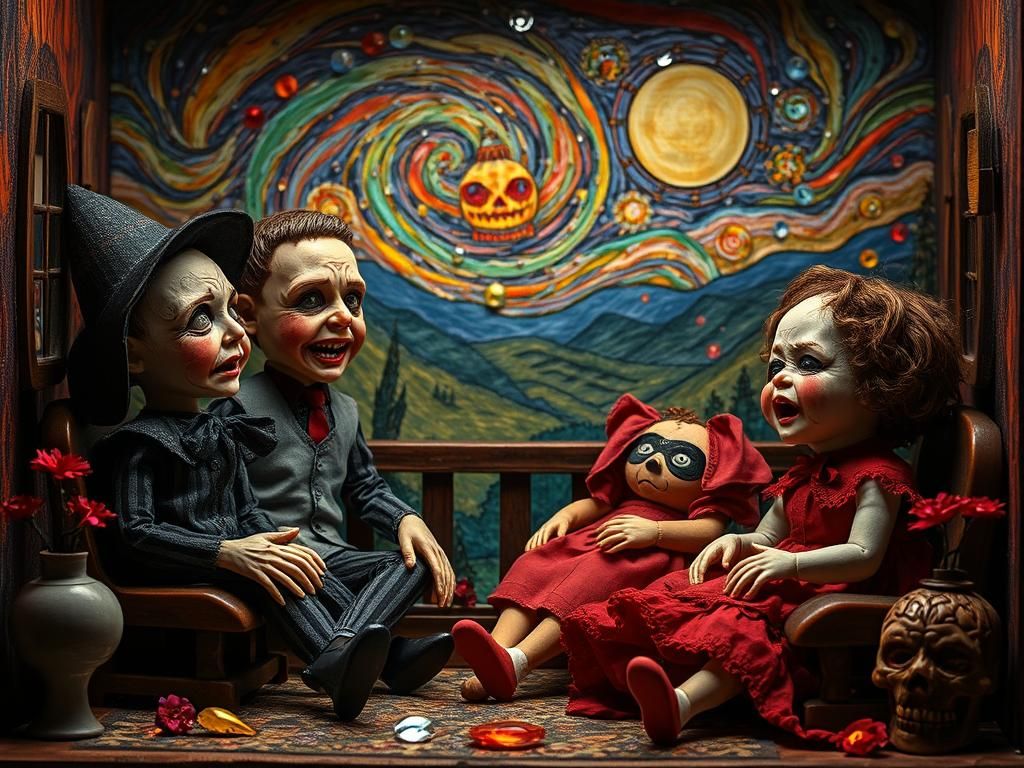 Halloween Dolls in Dreamlike Landscape