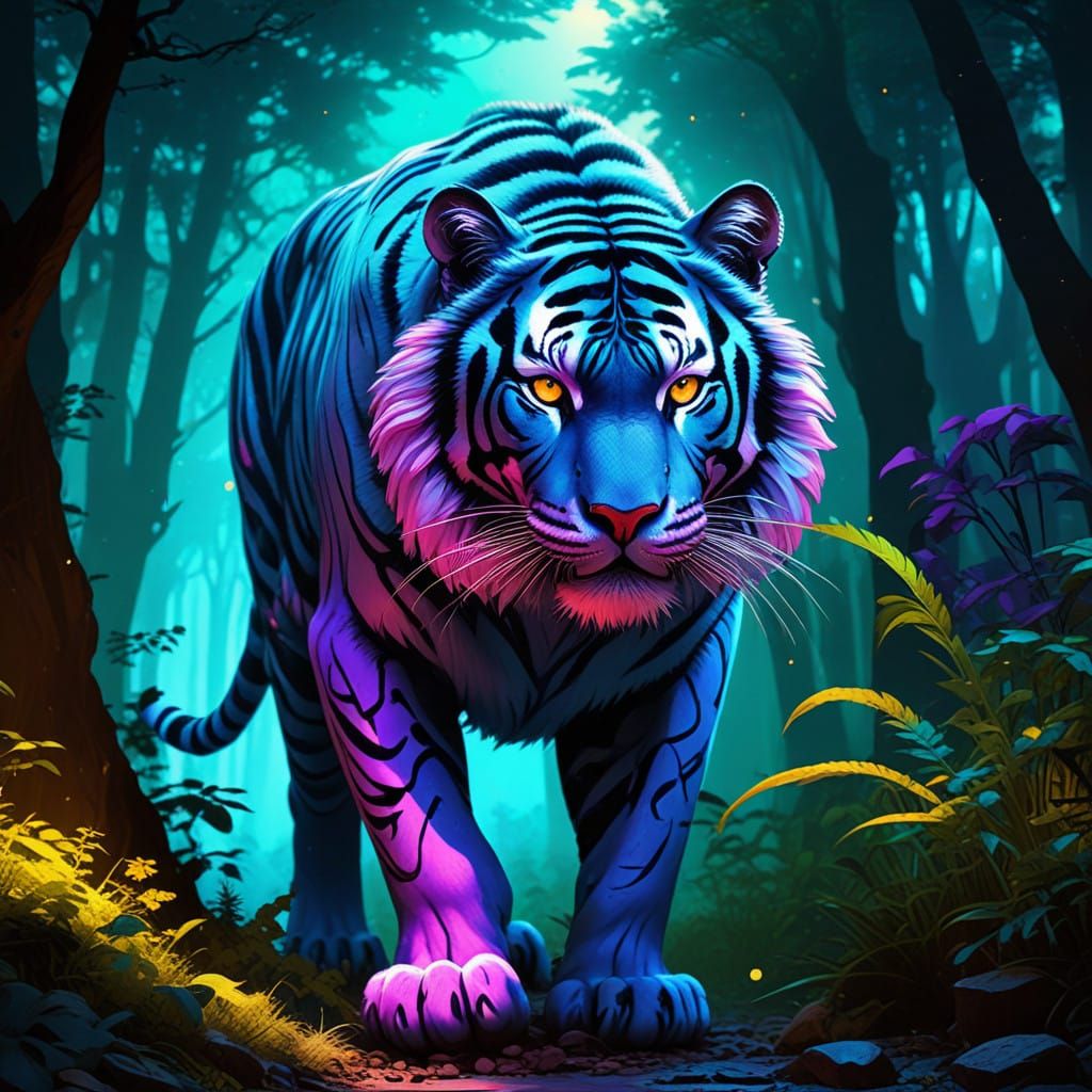 Cyberpunk Tiger Stalking Through Moonlit Forest