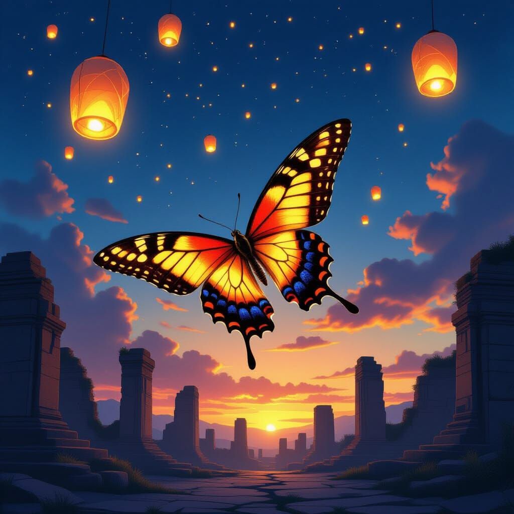Butterfly Soaring Through Twilight Sky with Lanterns