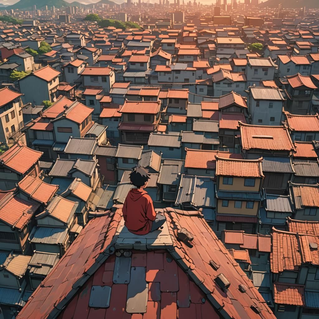 Meditating Child in Japanese City, Ghibli Style