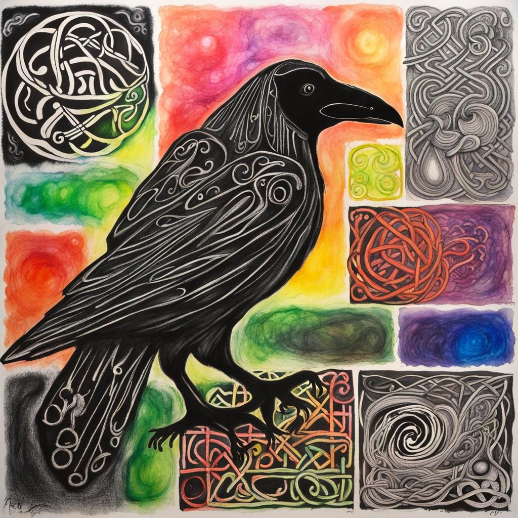 Celtic Raven Silhouette in Surreal Crayon Style