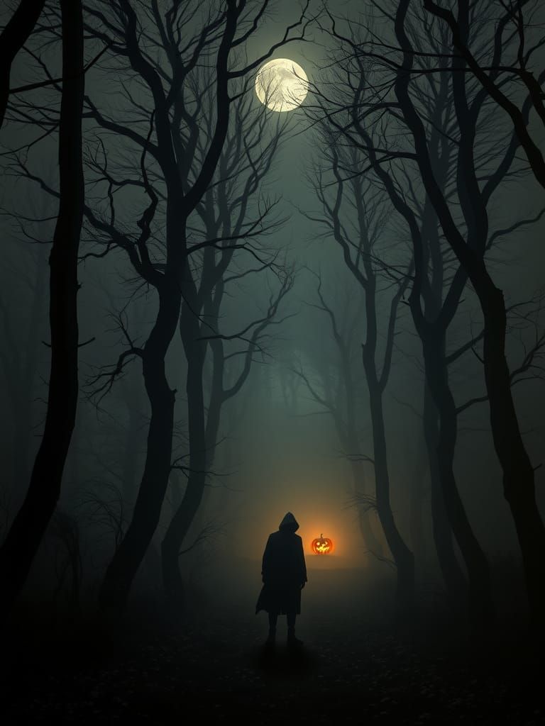 Ethereal Figure in Misty Autumnal Forest