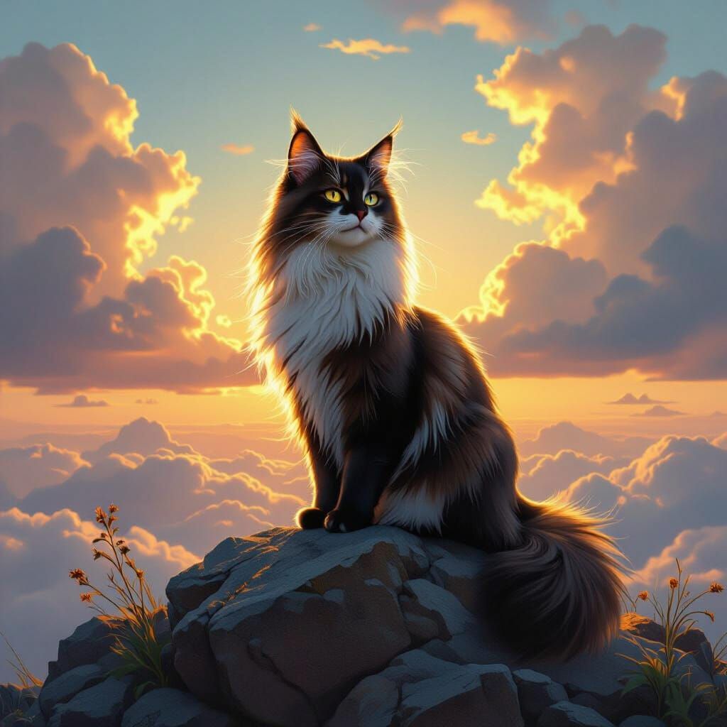 Elegant Cat at Dawn in Mucha Style