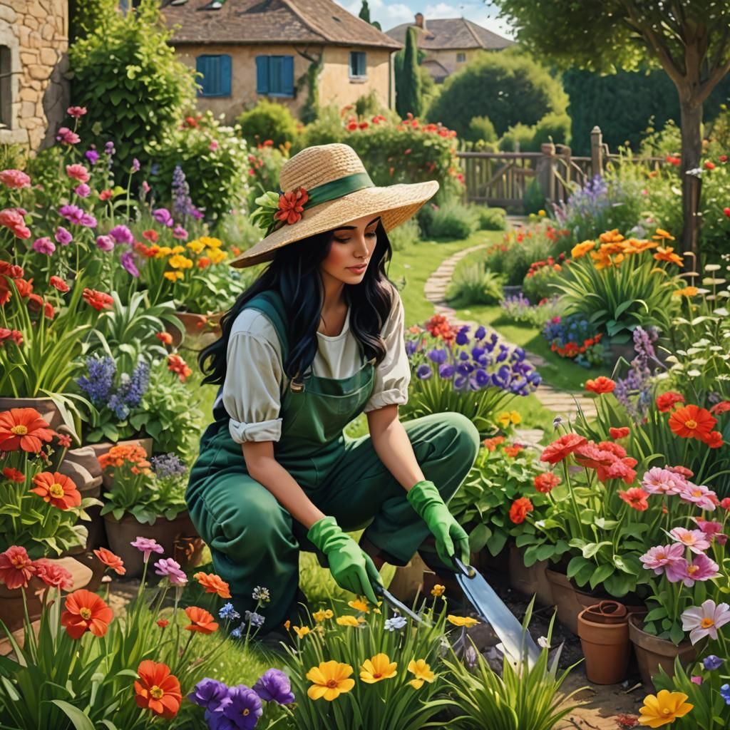 Italian Girl Gardening on a Beautiful Day