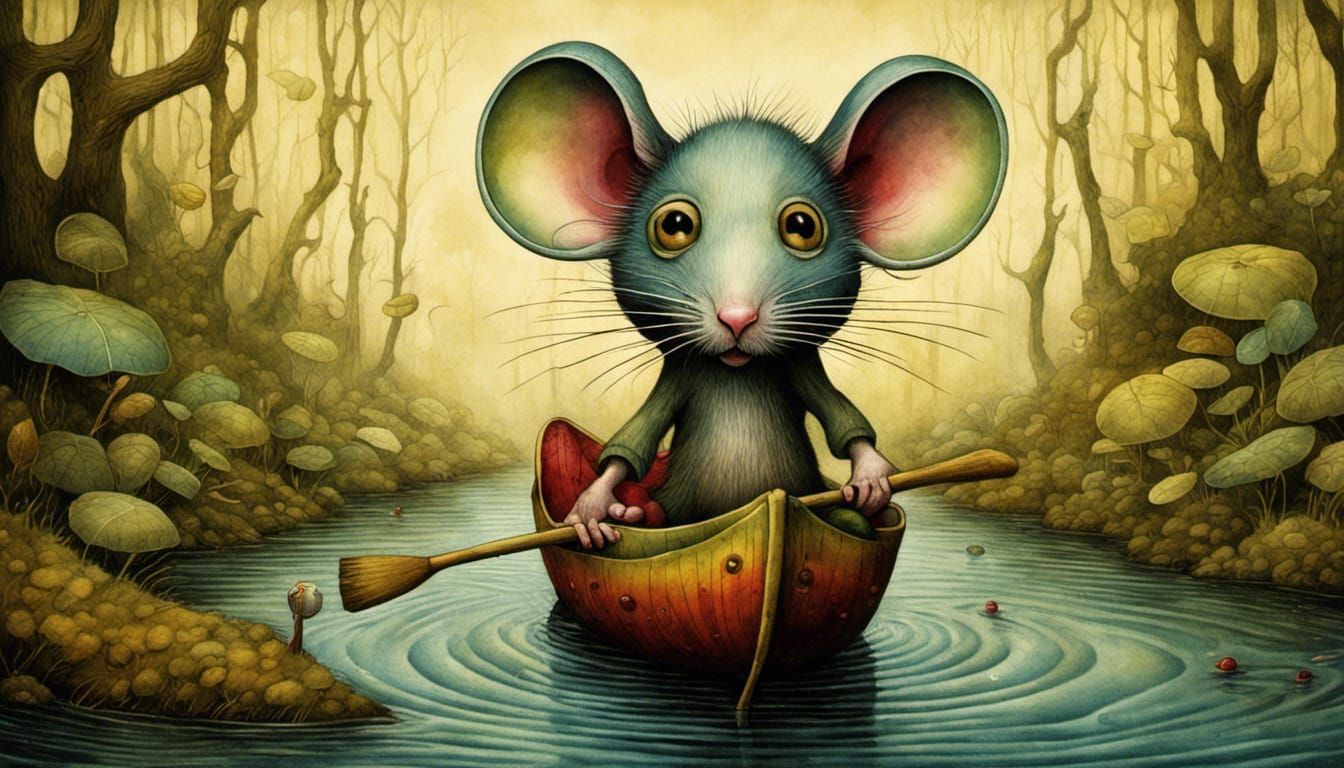 Mouse Paddling Pickle Up Creek: Dripping Watercolor