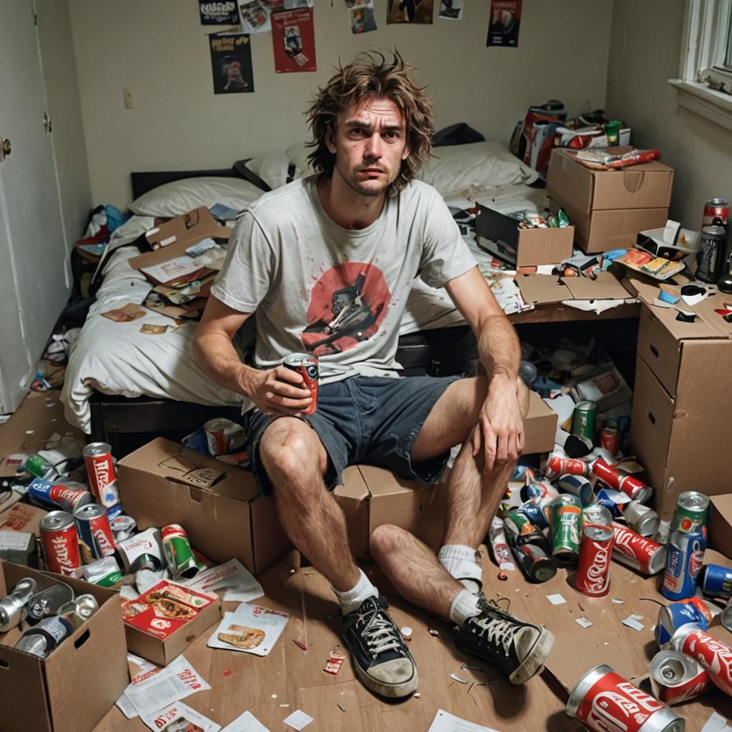 Disheveled Man in Untidy Room: Sinister Digital Art