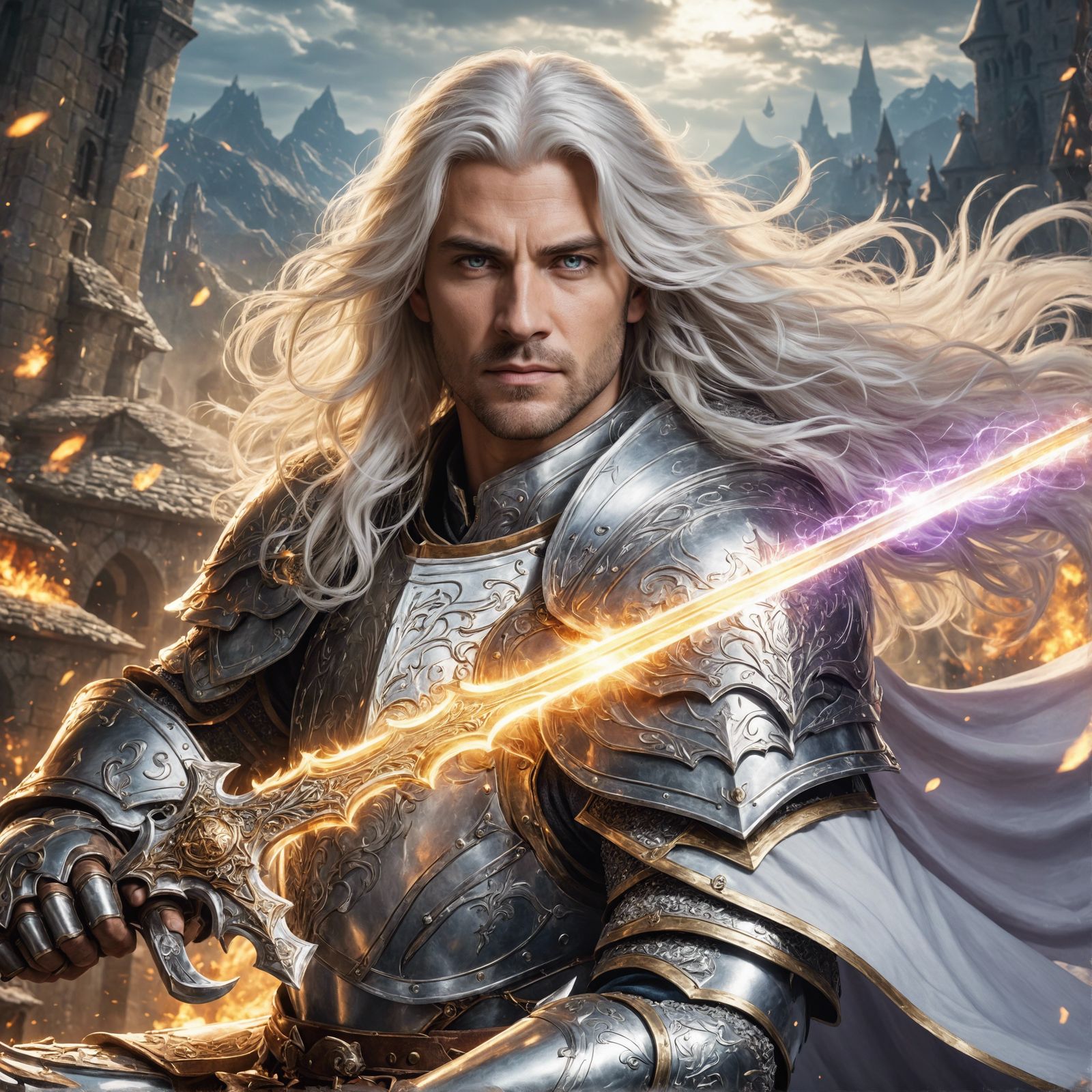 Paladin in Silver Armor with Magic Sword