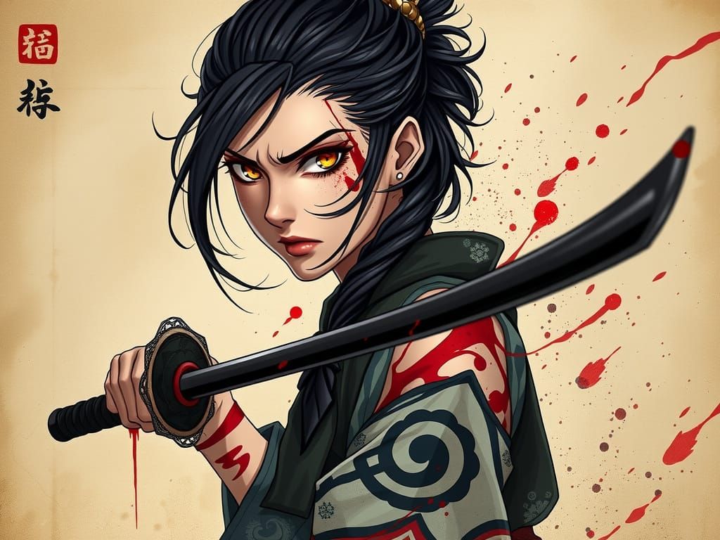 Viking Warrior in Traditional Japanese Attire, Gazing Intens...