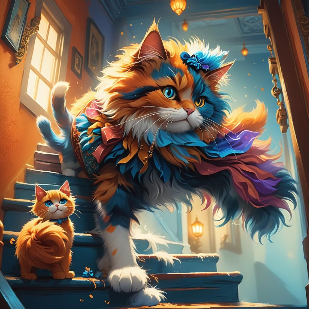 Fluffy Cat Carries Toy in Whimsical Fantasy Art