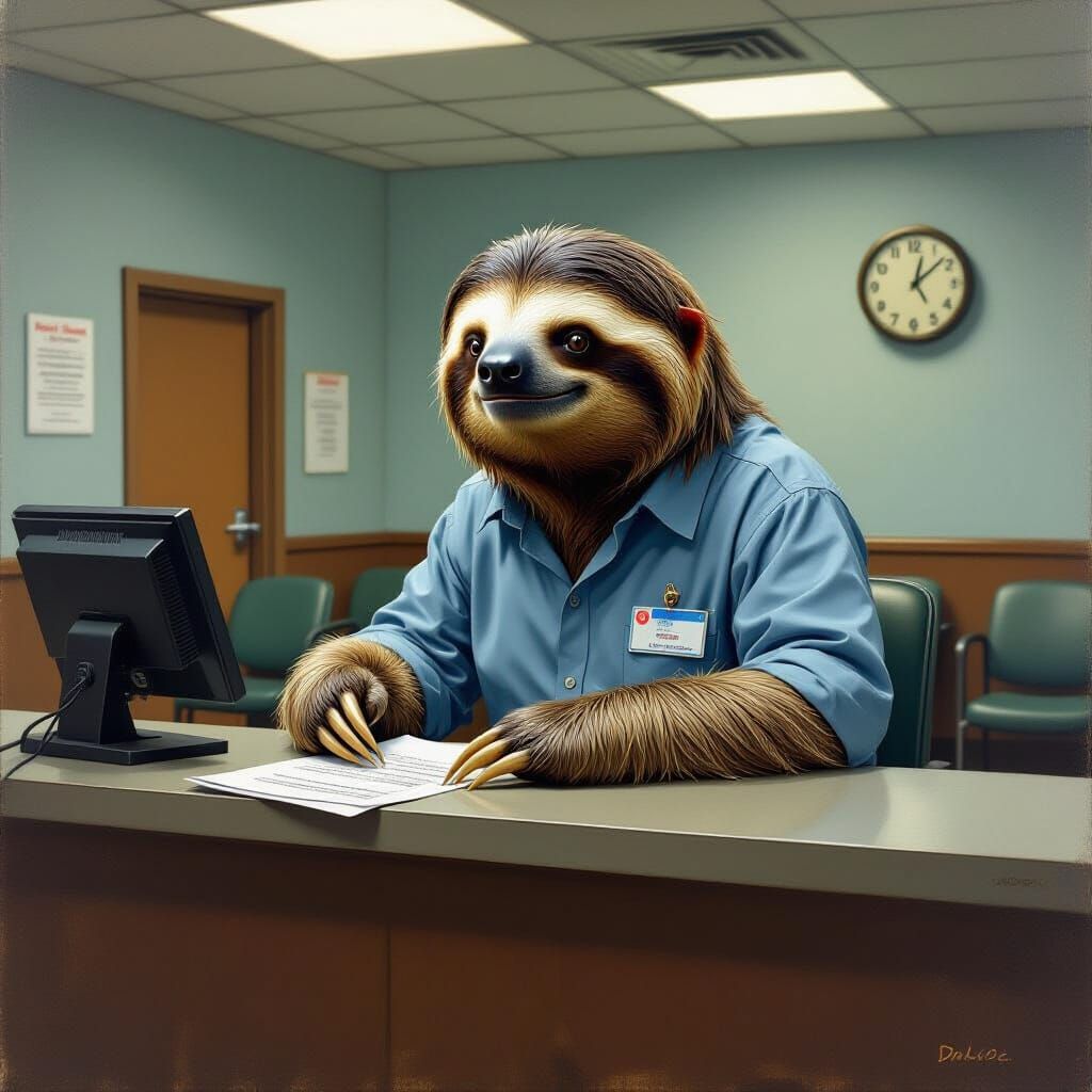 Sloth DMV Clerk Processing Paperwork in Surreal Oil Painting