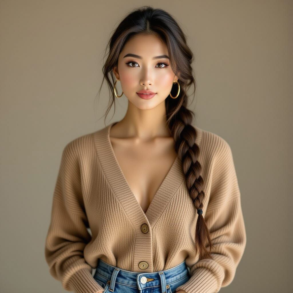 Asian Woman in Tan Cardigan and Jeans with Braid