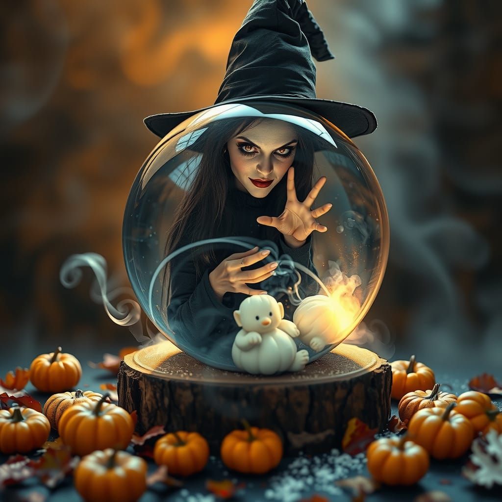 Witch Inside Crystal Globe Illuminated by Golden Light