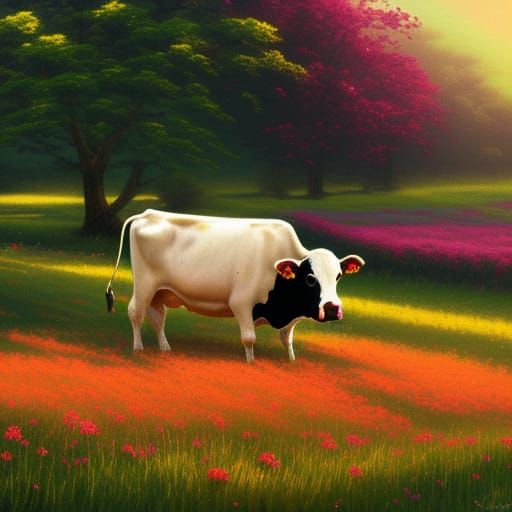 Cow in Field: Neo-Impressionist Digital Art
