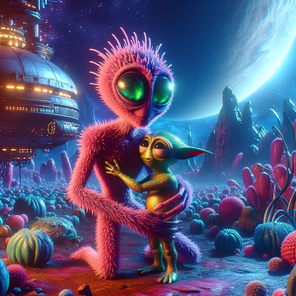 Whimsical Aliens in Friendly Embrace on Alien Planet