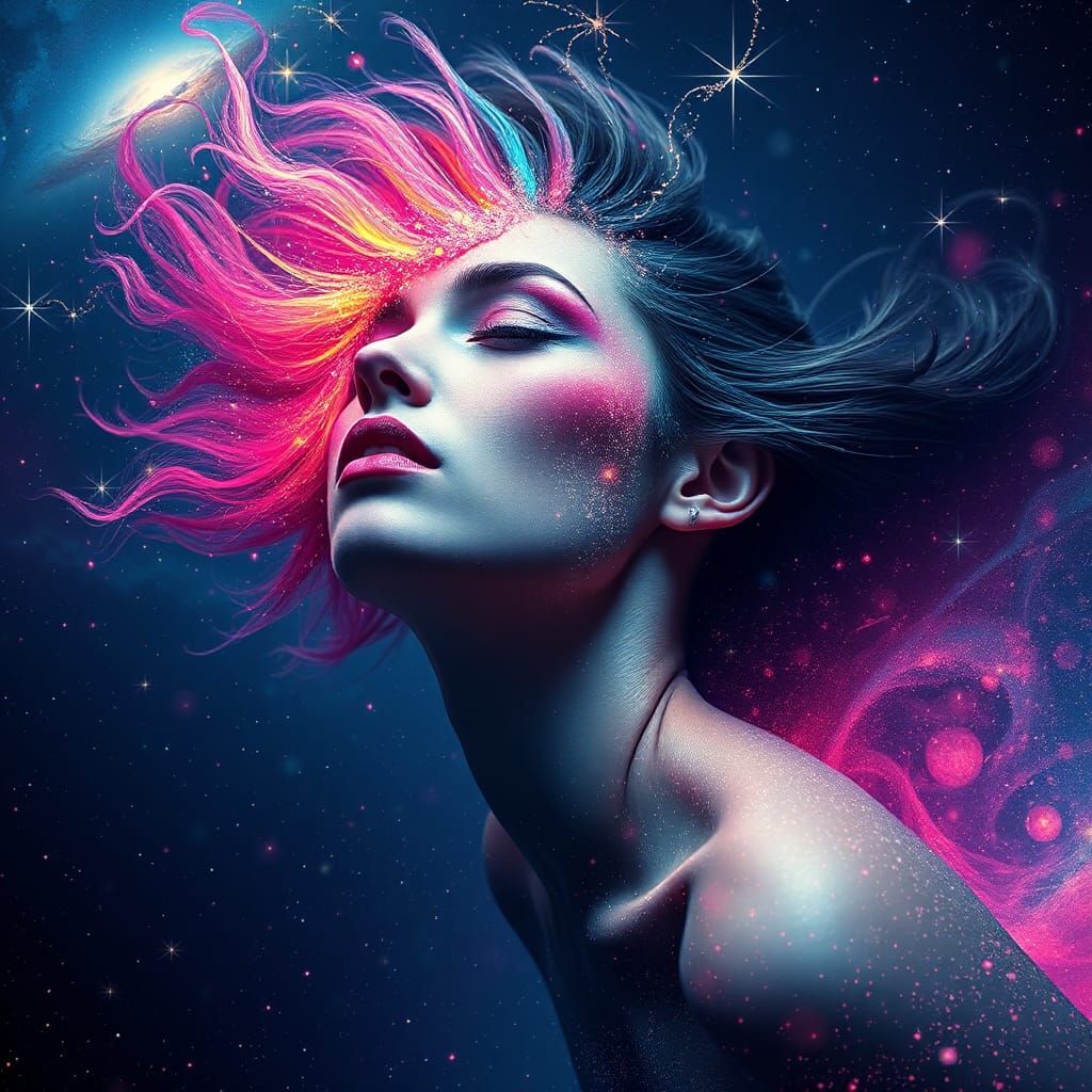 Celestial Woman Soaring Through Galaxy as Digital Art