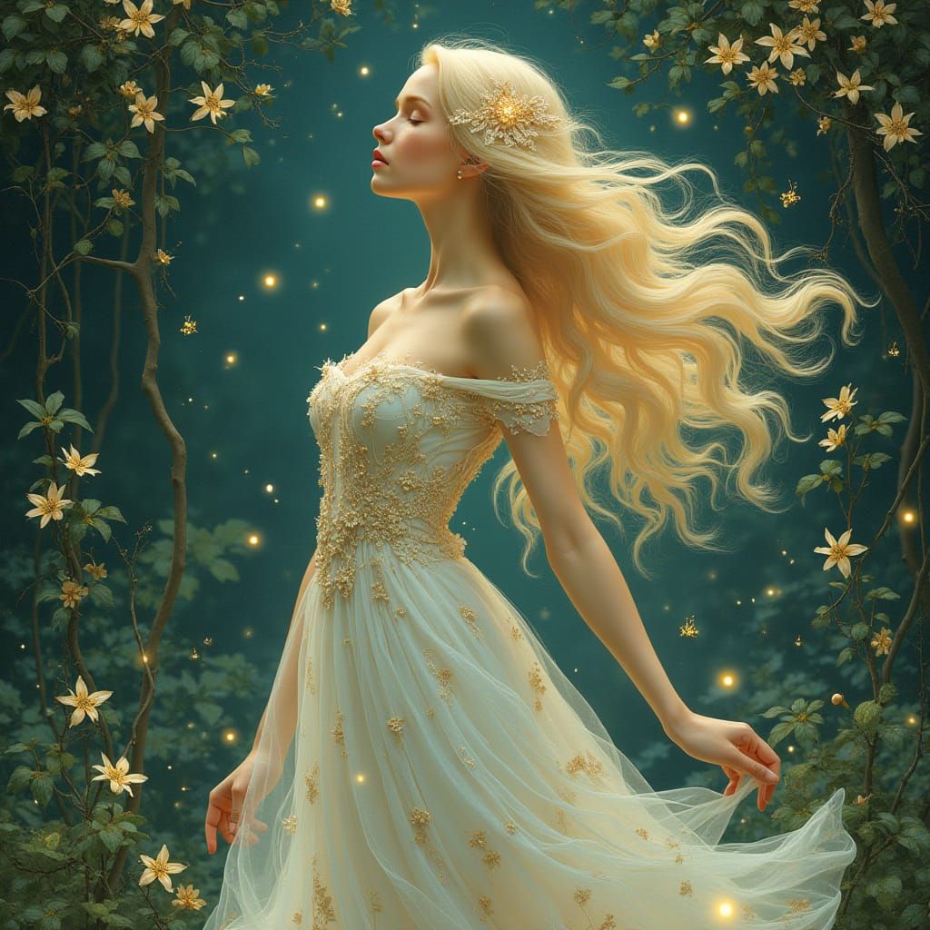 Ethereal Goddess in Bioluminescent Art Nouveau Scene