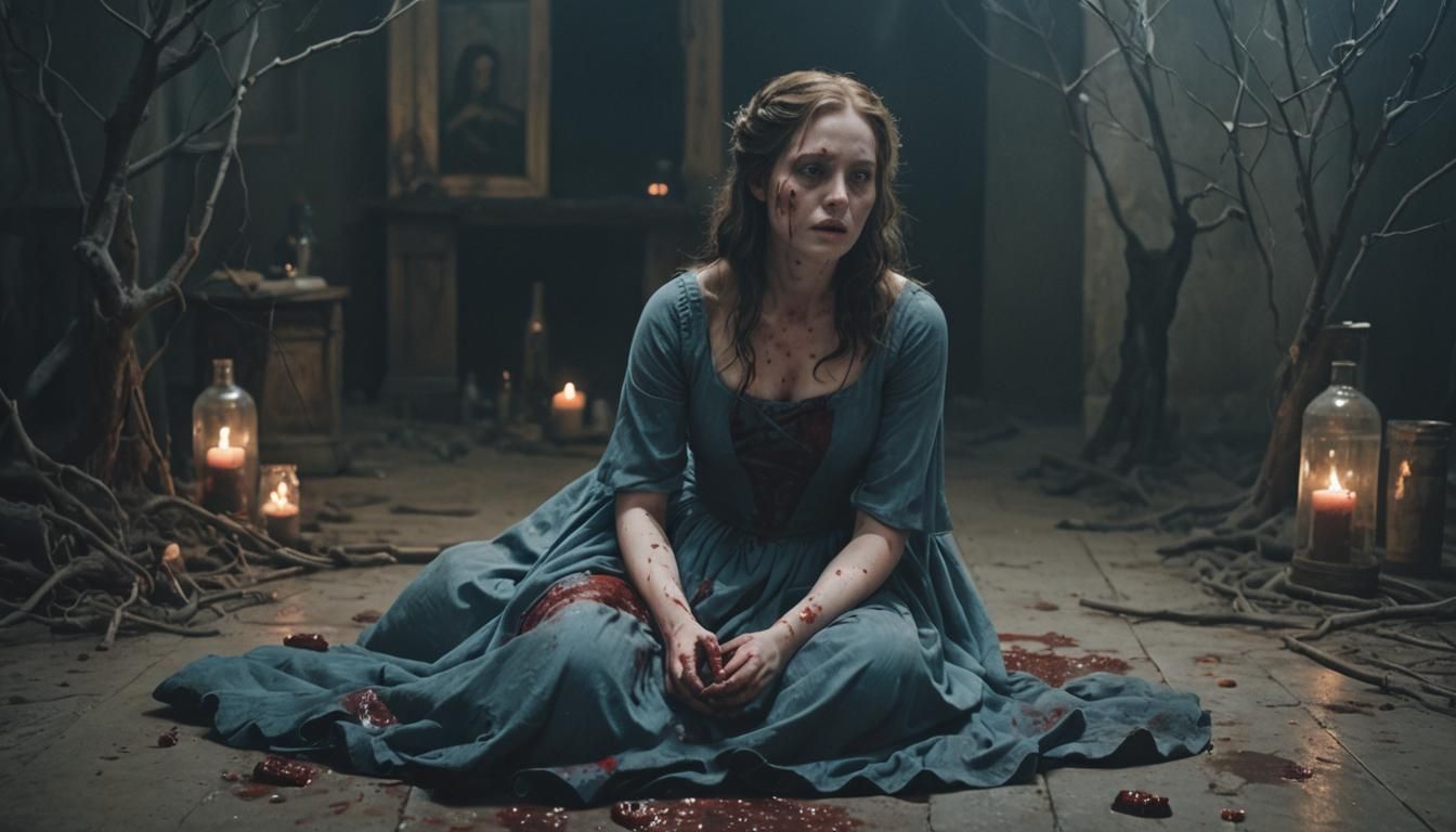 A hauntingly beautiful 3D render of a creepy, dimly lit old room with a large arched window. An ethereal scene unfolds, ...