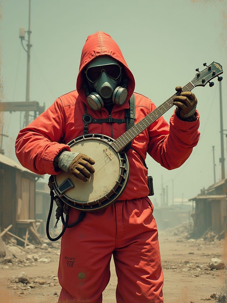 Cyberpunk Banjo Player in Hazmat Gear