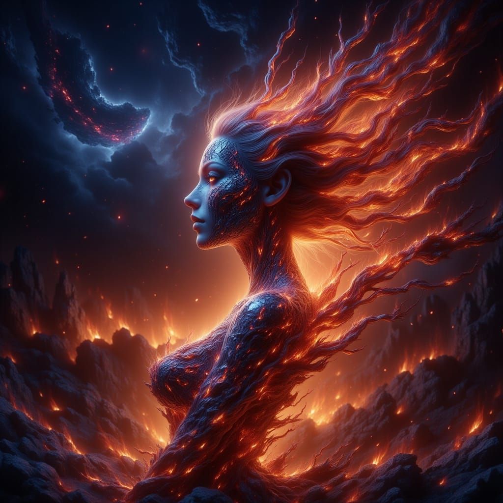 Ethereal Woman Sculpted from Fire in Digital Art Style