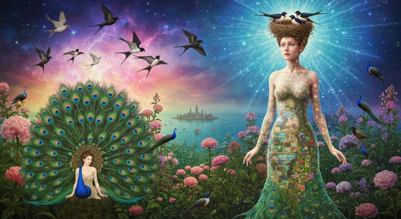 Ethereal Woman Transforms into Iridescent Birds in Cosmic Ga...