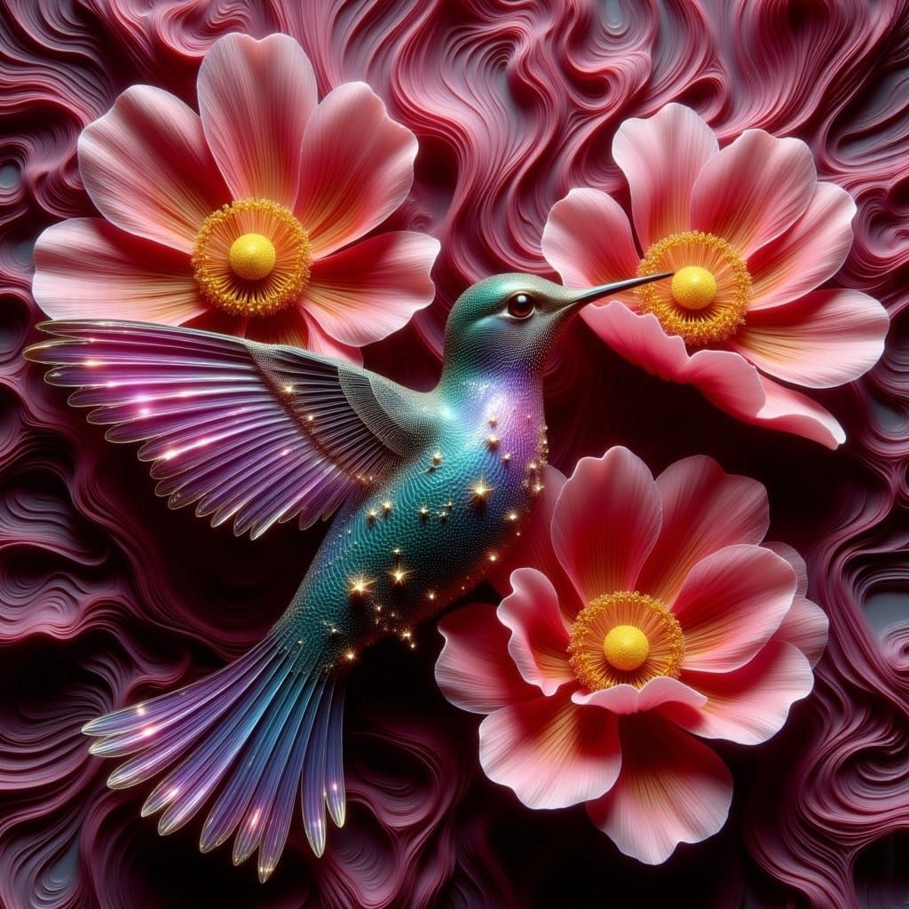 Iridescent Hummingbird with Cosmos Flower