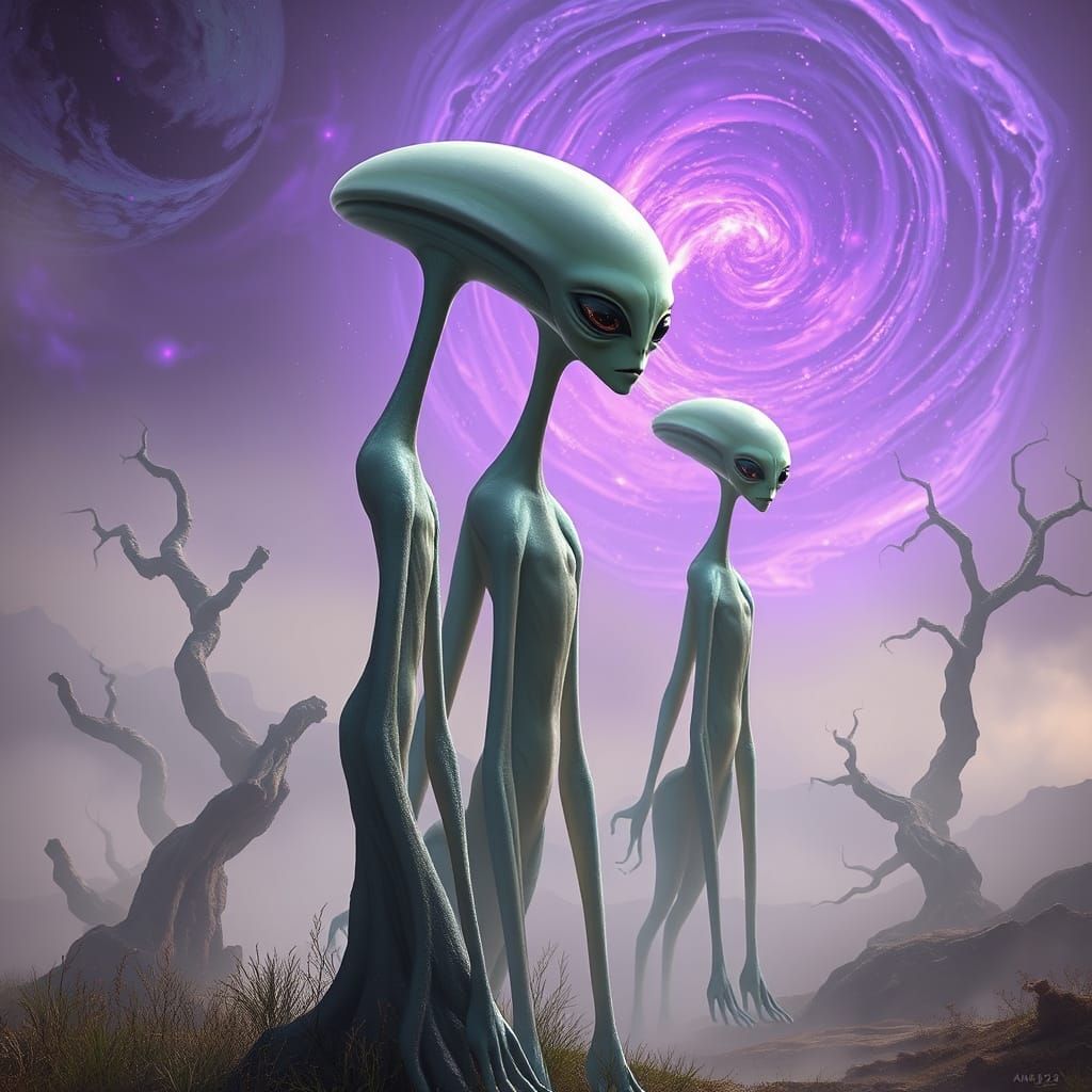 Ethereal Beings in a Futuristic, Biomechanical Landscape