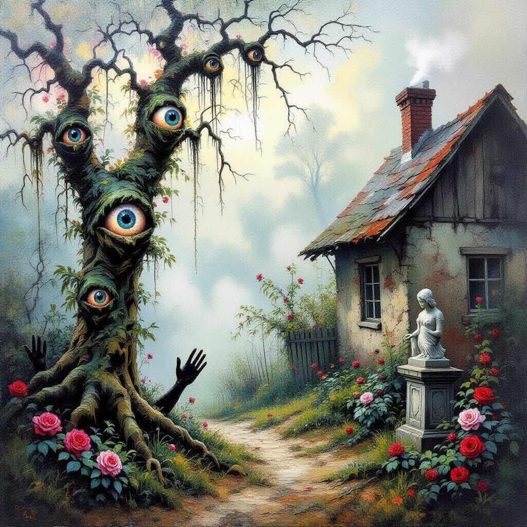Creepy Surreal Garden Painting in Impressionist Style
