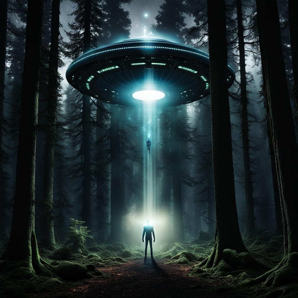 Eerie Night Scene: Alien Encounter in Dark Forest