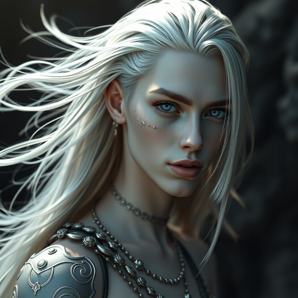 Androgynous Person with Silver Modifications in Dark Fantasy