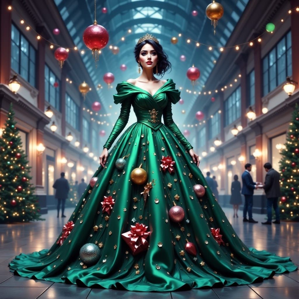 Glamorous Woman in Green Satin Gown at Office Party