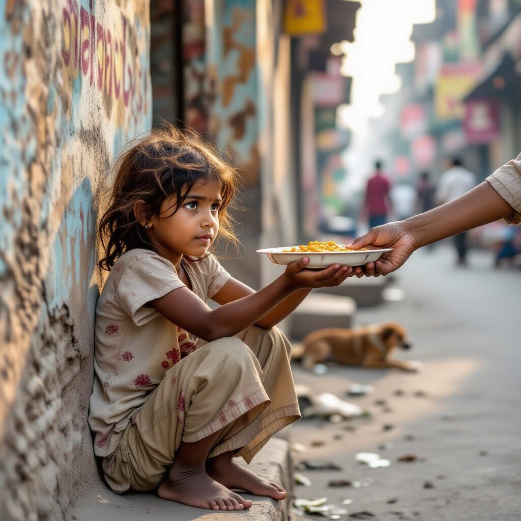 Hopeful Girl Receives Meal in Golden Hour Street Scene