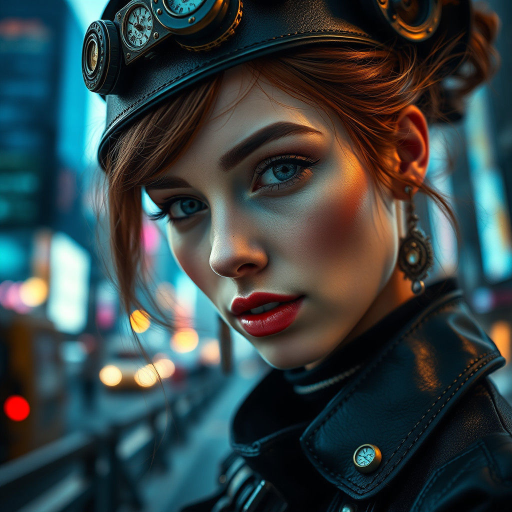 Steampunk Woman Portrait with Neon Cityscape