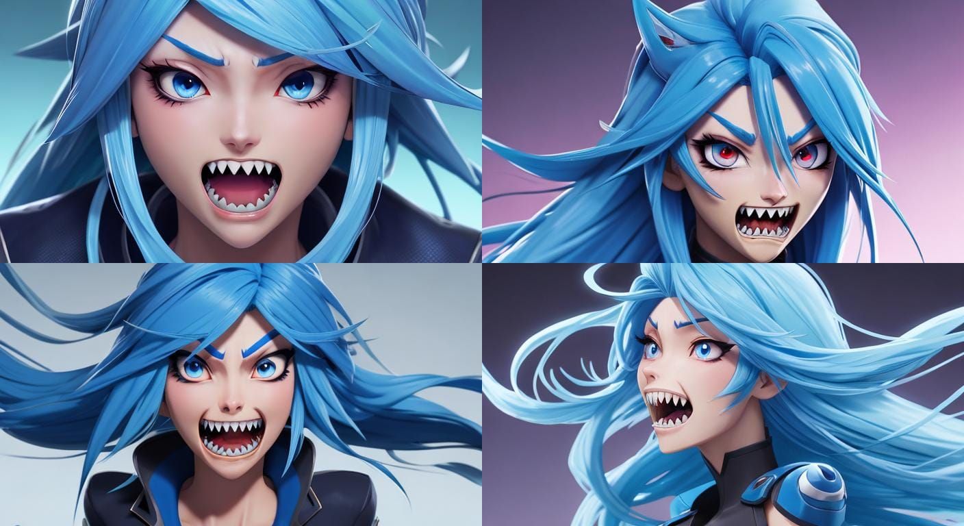 Anime Girl with Blue Hair and Sharp Teeth