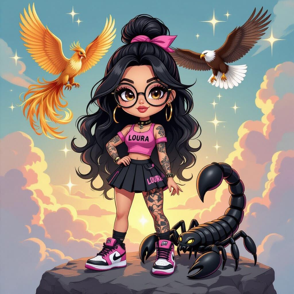 Chibi Woman with Scorpion and Phoenix in Rutkowski Style