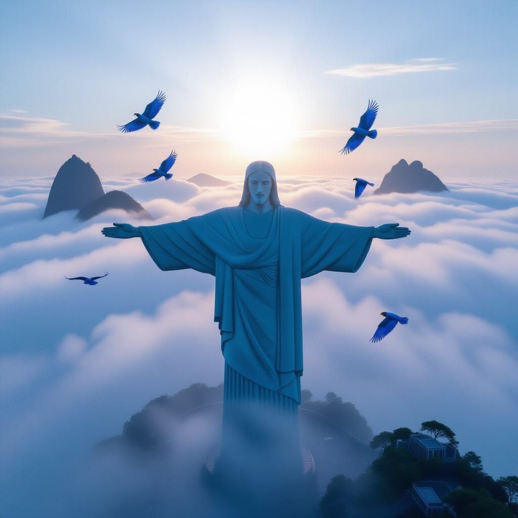 Christ the Redeemer Statue Amidst Fog With Blue Macaws