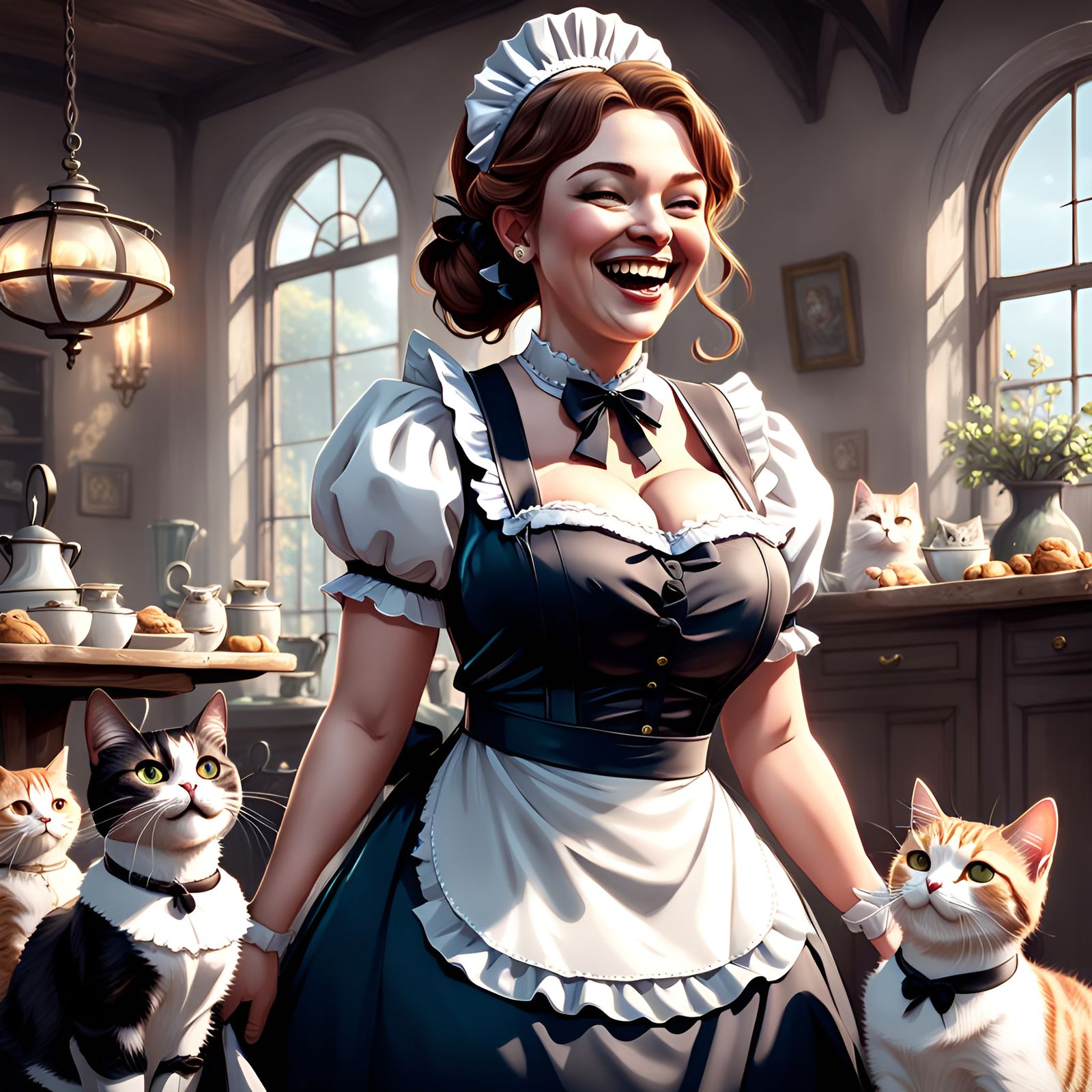 Cheerful Maid and Kitties: Detailed Matte Painting
