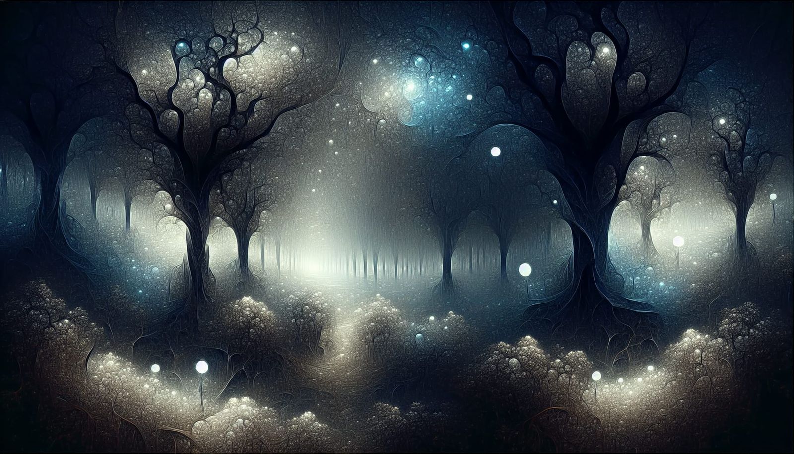 Mysterious Woodland Scene in Cool Blues and Violets