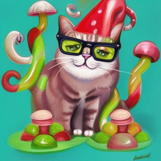 Whimsical Cat in Candyland Wonderland with Glasses