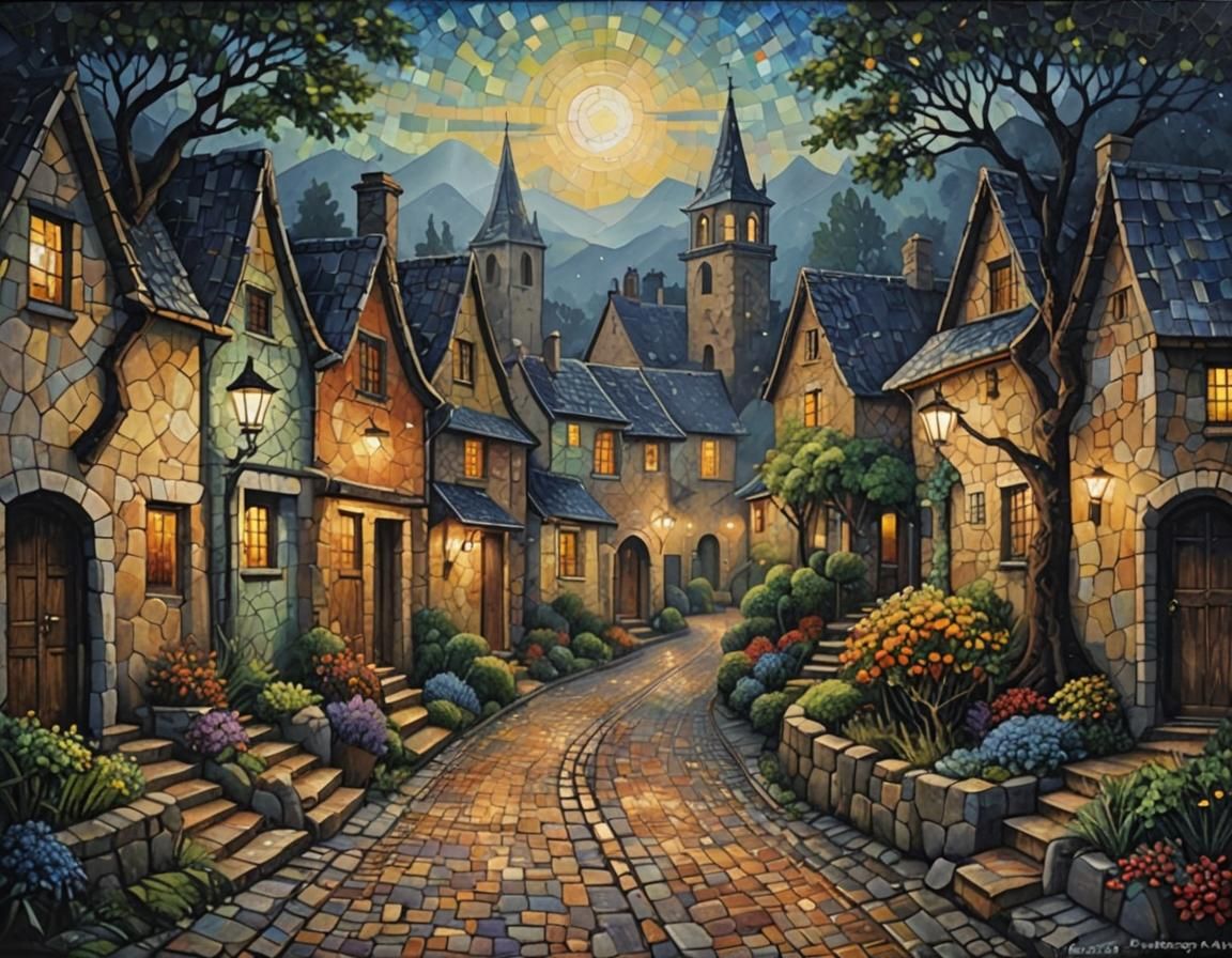 Ethereal Pointillism Mosaic Village at Night
