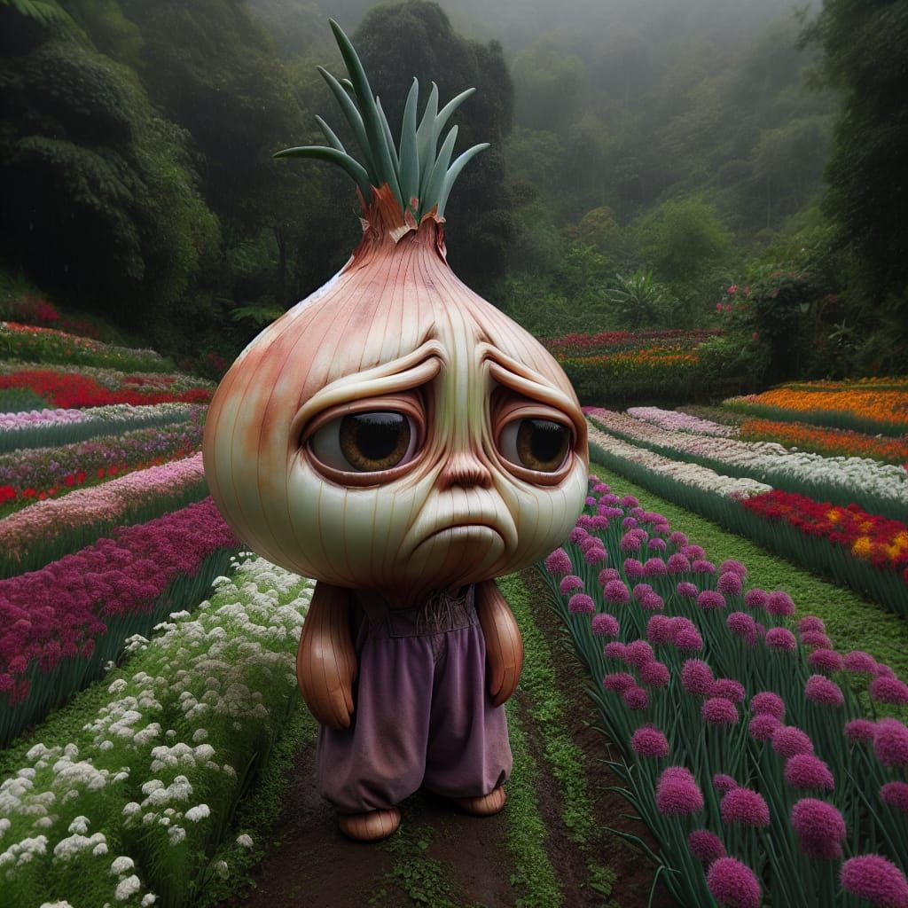 Sad Onion Girl in Flower Garden