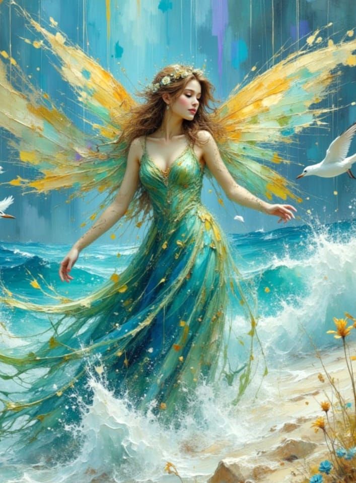 Ethereal Ocean Fairy Dances at Sunrise in Impasto Style