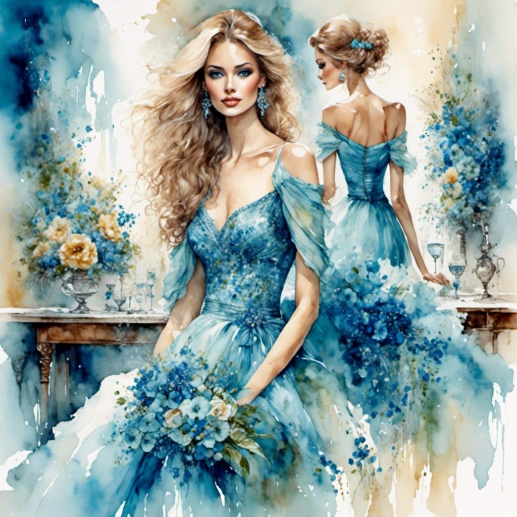 Azure Floral Girl in Watercolor Style