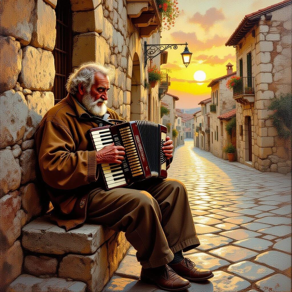 Elderly Man Plays Accordion in Golden Hour Piazza