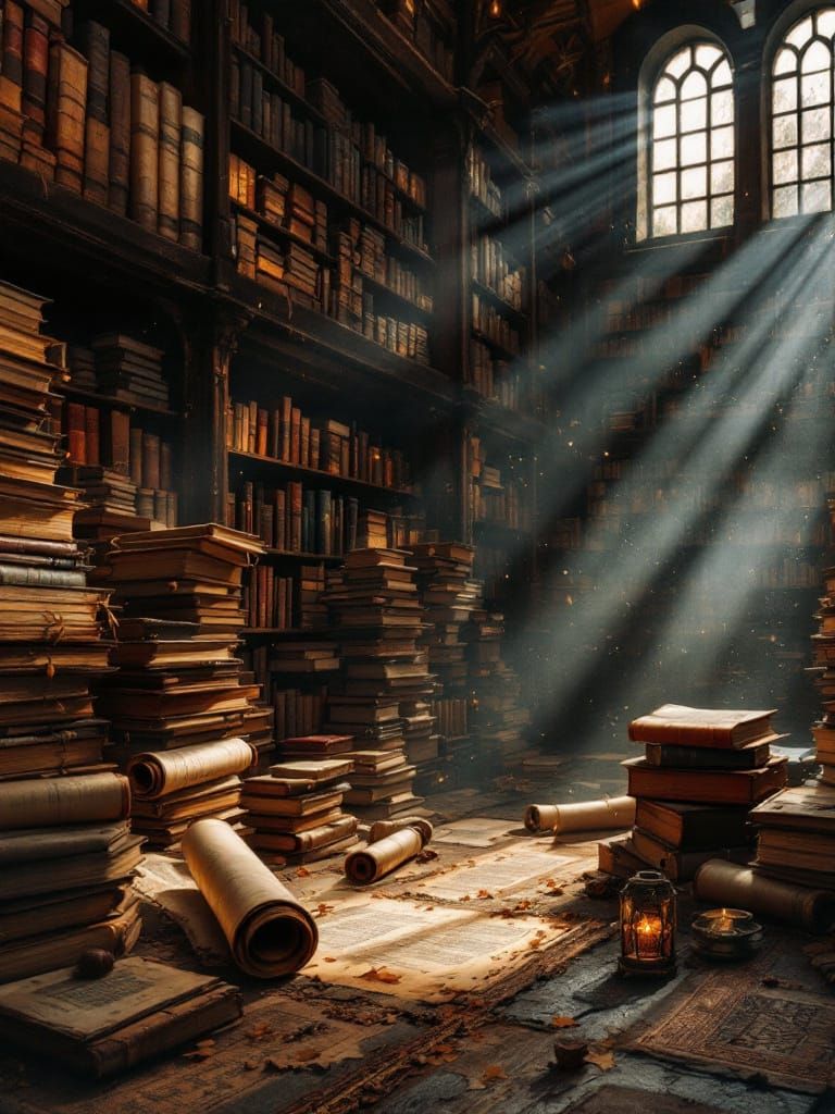 Vast Antique Library with Ancient Scrolls, Dutch Golden Age ...