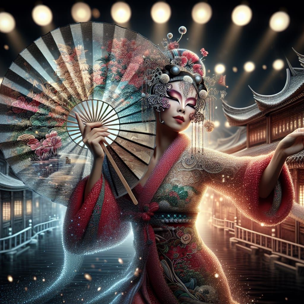 Kabuki Dancer with Glass Fan in Ancient Village